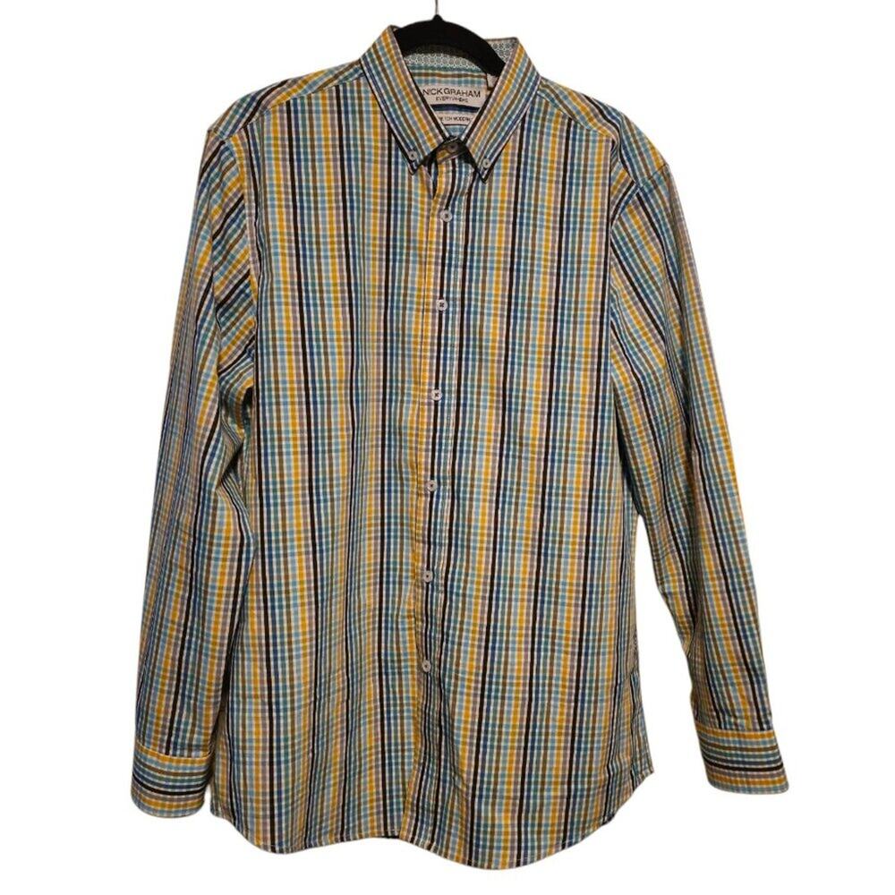 Nick Graham Button-Up Shirt – Size Large – Bold Multicolor Plaid Stretch